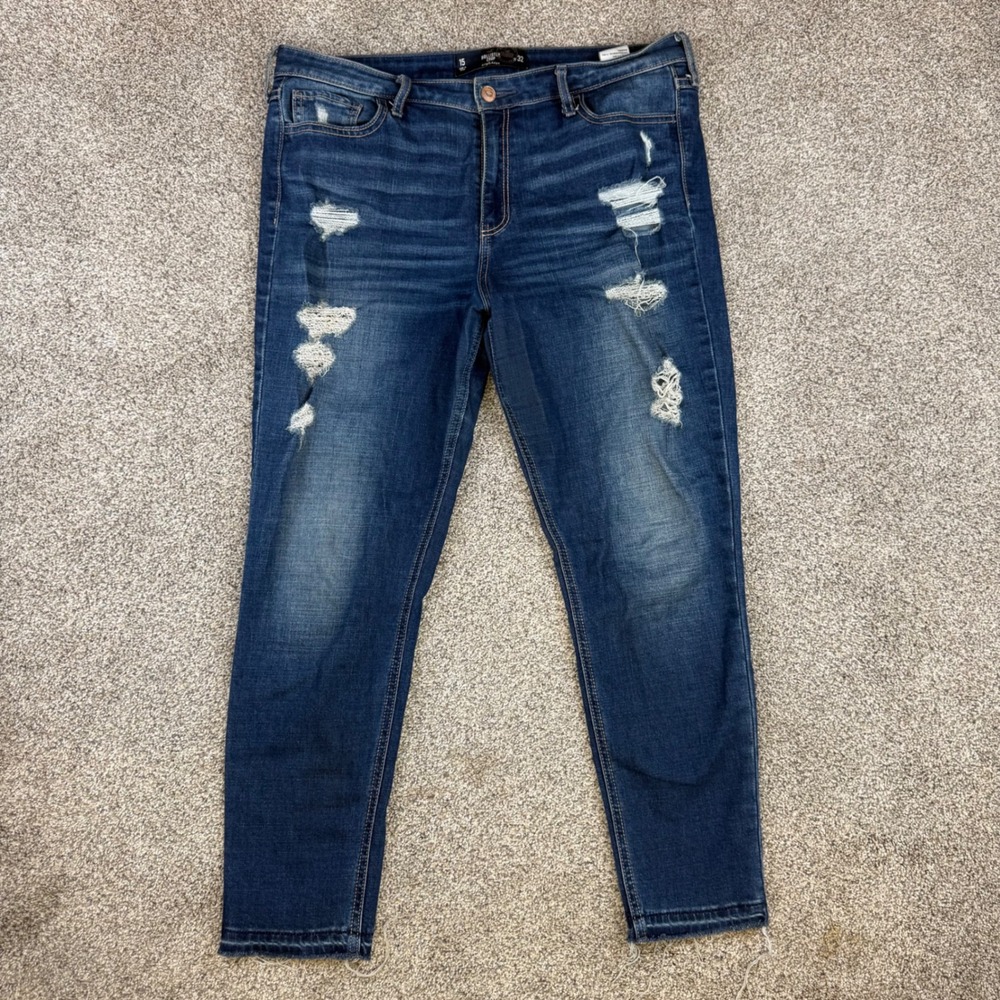 Hollister High Rise Crop Distressed Jeans Dark Wash 15 W32 Raw Hem 3X3694